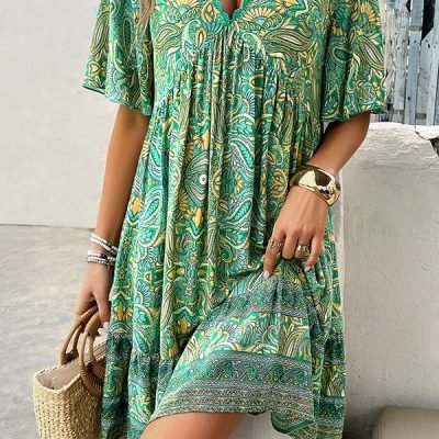 Fashion V Neck Printed Casual Dress