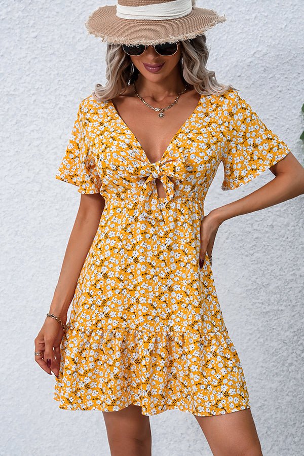 V Neck Floral Print Ruffle Hem Dress - Image 2