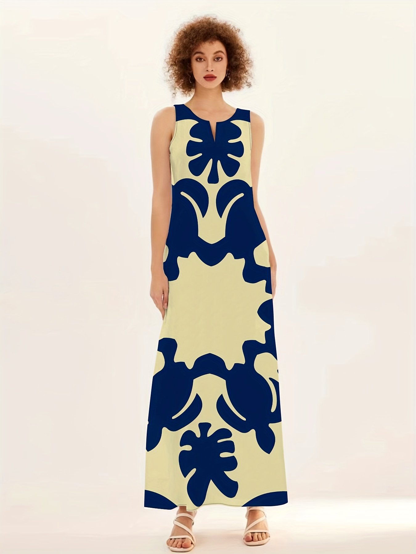 Graphic Print V Neck Maxi Dress, Boho Sleeveless Tank Dress For Spring & Summer, Women??s Clothing - Image 6