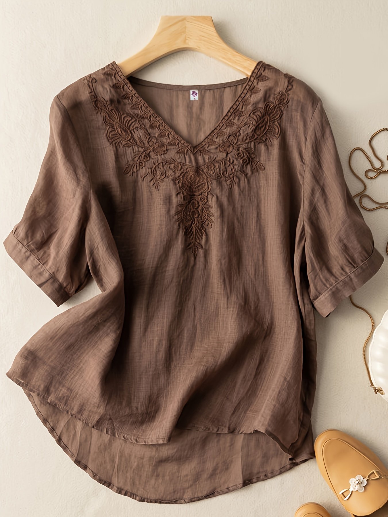 Floral Embroidery V Neck T-shirt, Vintage Half Sleeve Loose T-shirt For Spring & Summer, Women??s Clothing