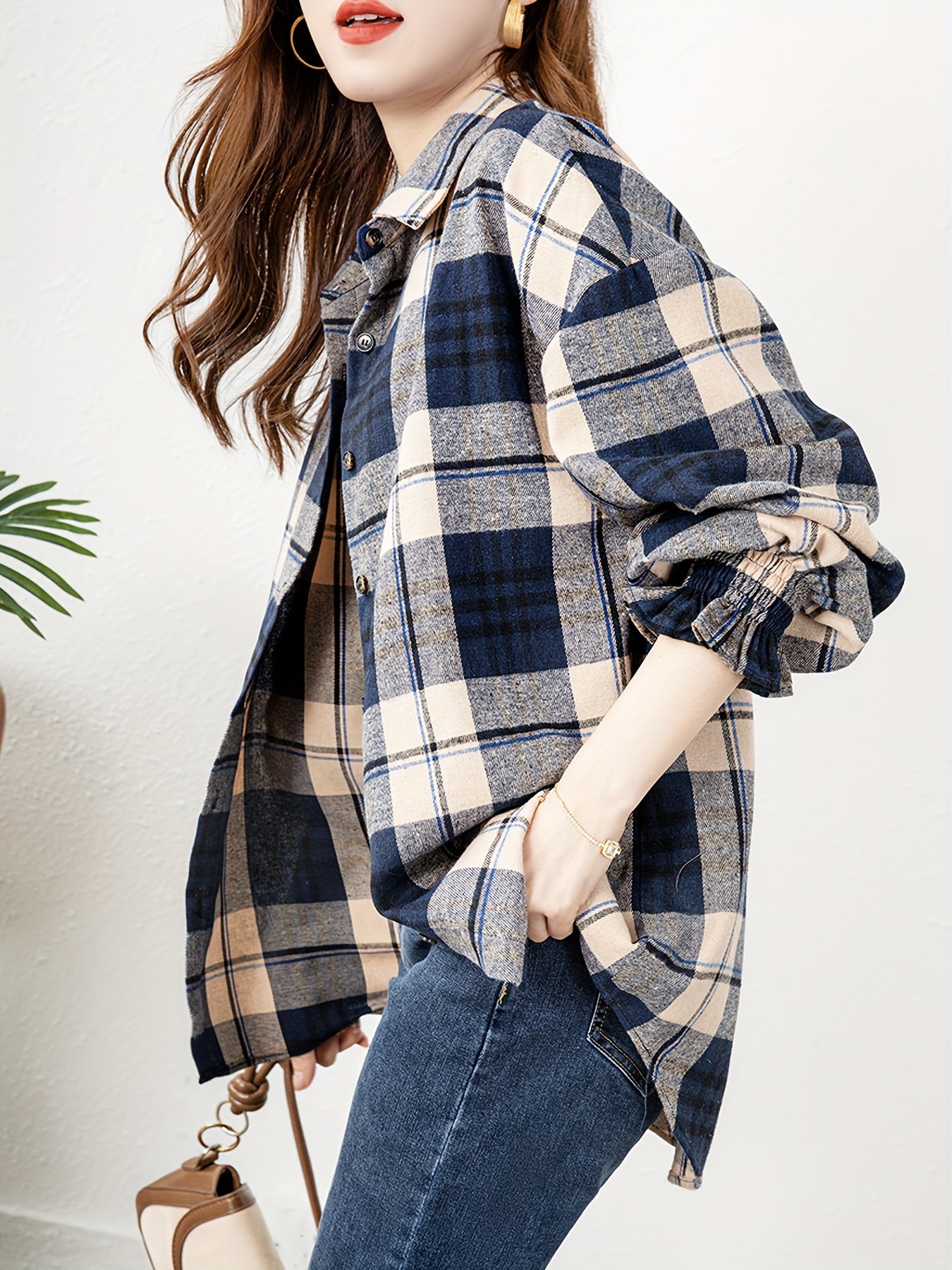 Plaid Print Button Front Blouse, Casual Long Sleeve Blouse For Spring & Fall, Women??s Clothing