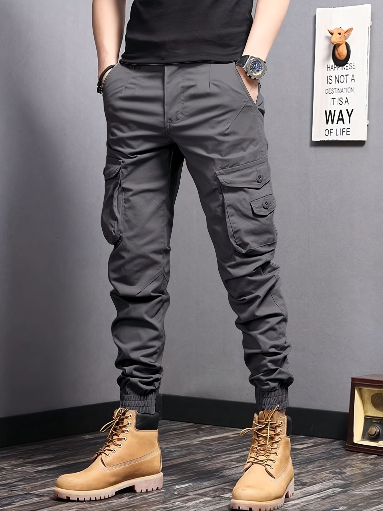 Men??s Casual Tapered Multi Pocket Joggers, Chic Street Style Cargo Pants