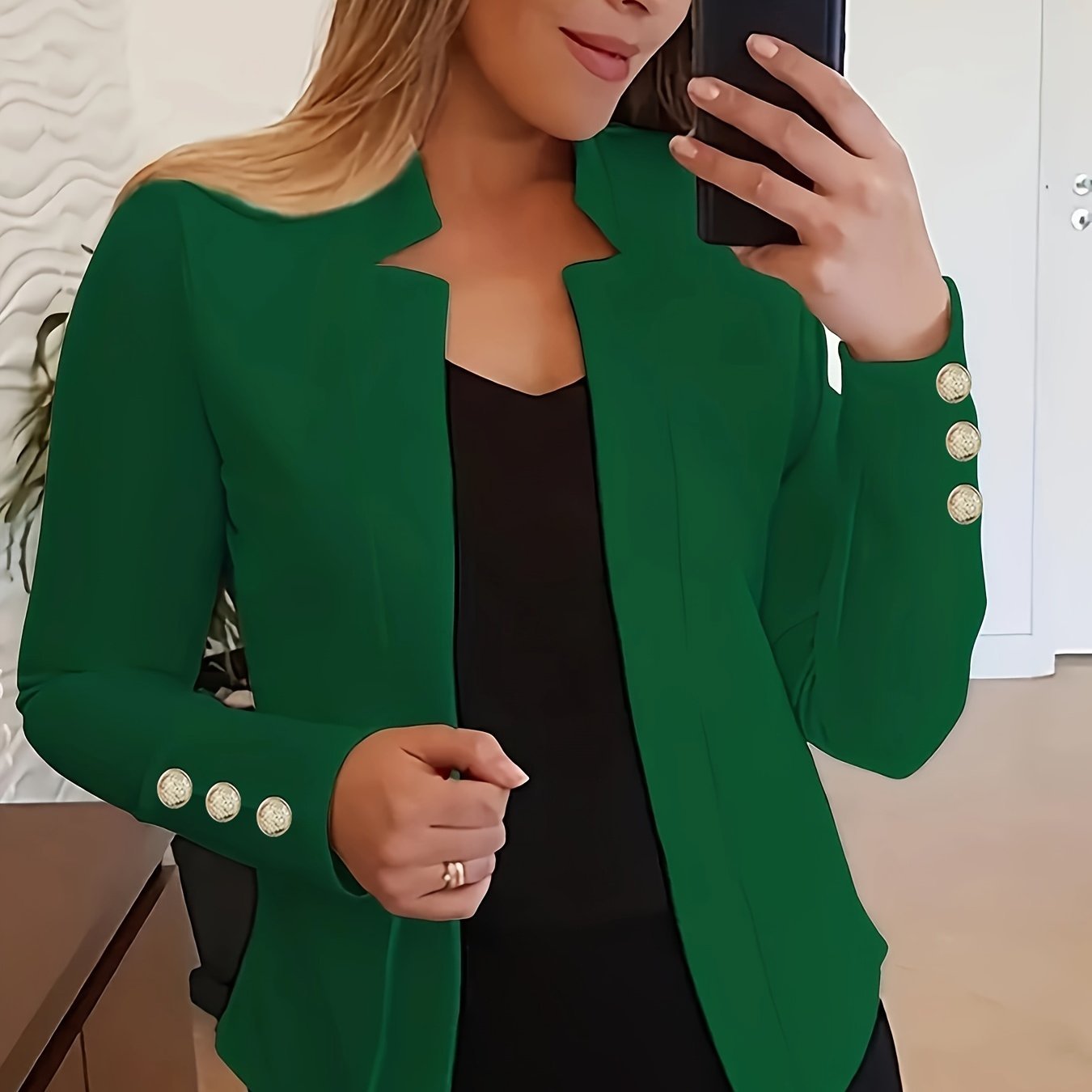 Solid Open Front Blazer, Casual Long Sleeve Button Blazer For Office & Work, Women??s Clothing - Image 2
