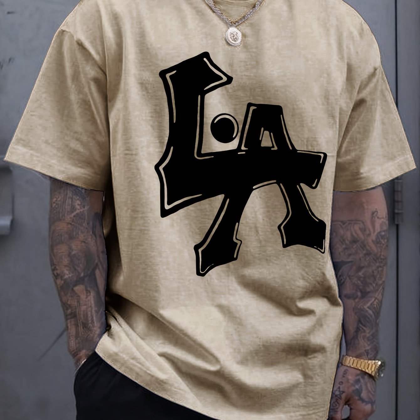 Men??s Los Angeles Print Short Sleeve T-Shirts, Comfy Casual Elastic Crew Neck Tops, Men??s Clothing - Image 3
