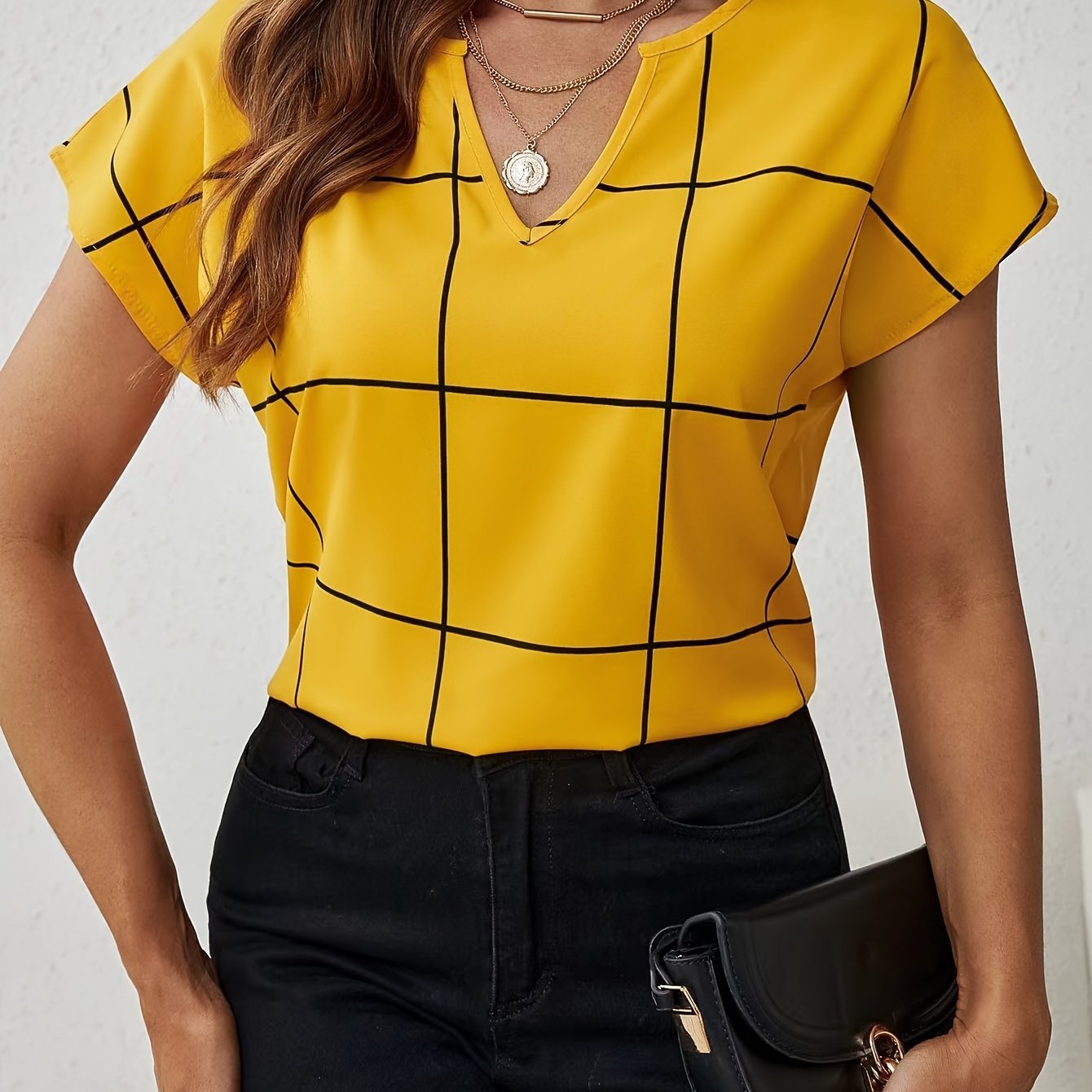Plaid Print Notched Neck Blouse, Casual Short Sleeve Blouse For Spring & Summer, Women??s Clothing - Image 2