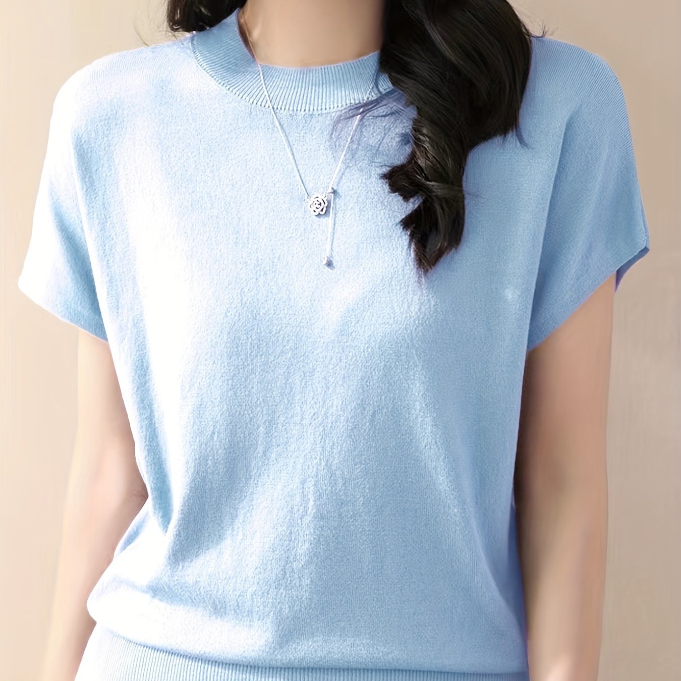 Solid Color Crew Neck Pullover Sweater, Casual Short Sleeve Ribbed Knitted Sweater For Every Day, Women??s Clothing - Image 5