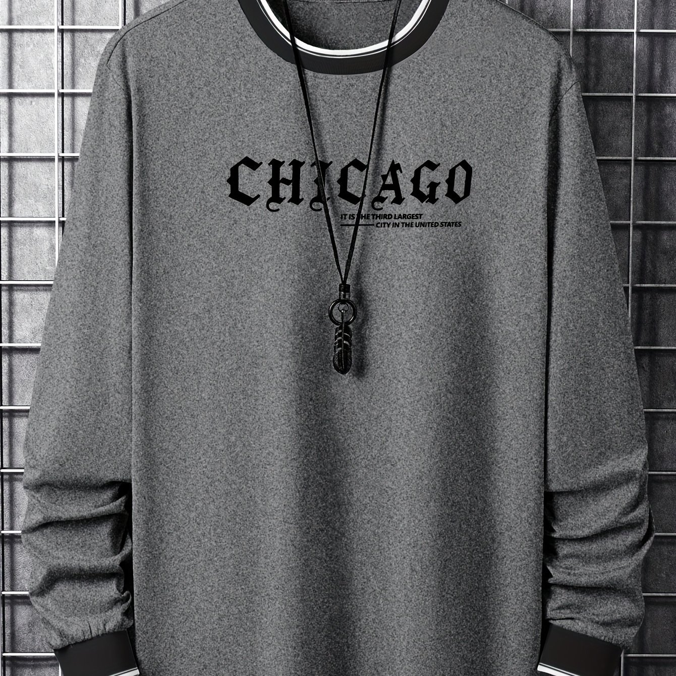 CHICAGO Print Men??s Street Daily Long Sleeve High Stretch T-shirt, Spring Fall Outdoor, Men??s Clothing - Image 5