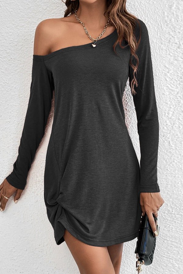 Long Sleeve Skew Neck Solid Casual Dress - Image 3