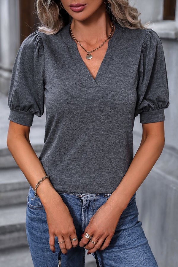 Puff Sleeve Solid Color V Neck Casual Tops - Image 3