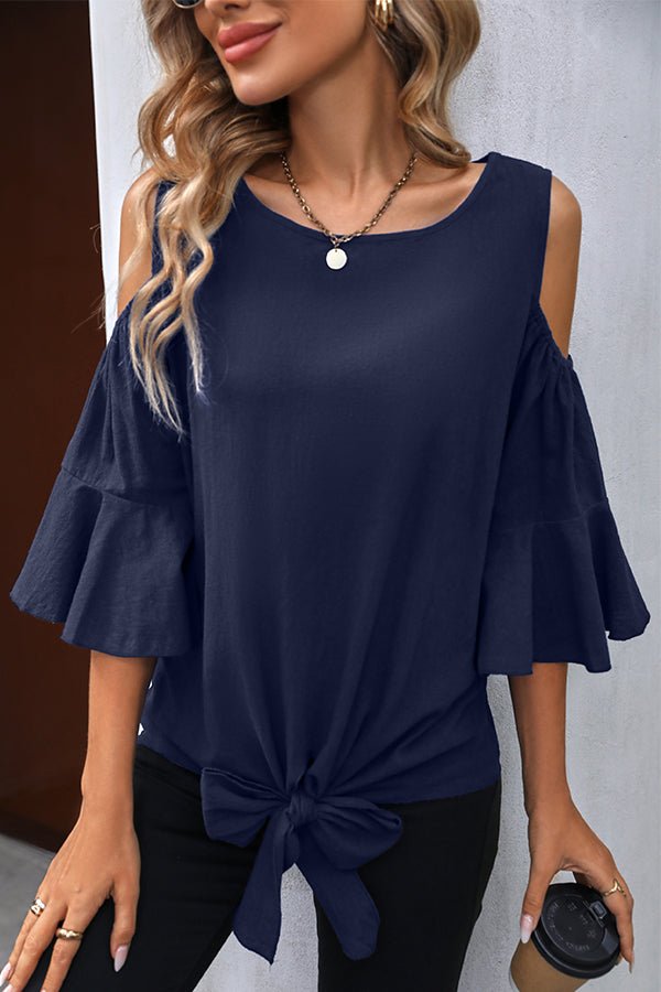 Fashion Knot Front Ruffle Sleeve Casual Tops - Image 5