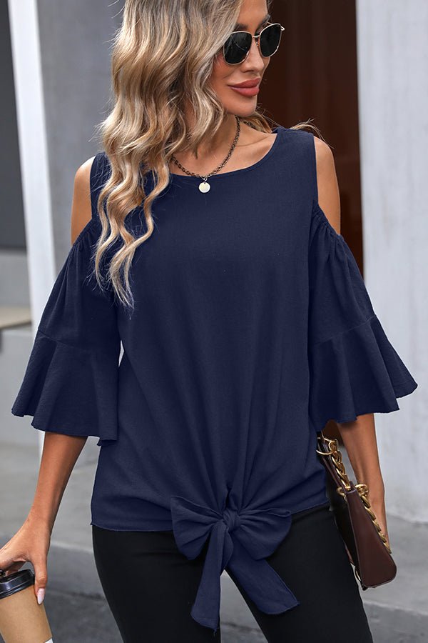 Fashion Knot Front Ruffle Sleeve Casual Tops - Image 2