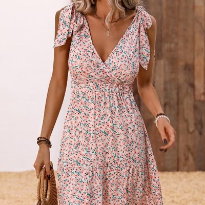 Floral Print Tie Shoulder V Neck Dress