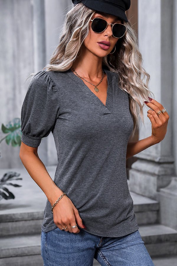 Puff Sleeve Solid Color V Neck Casual Tops - Image 5