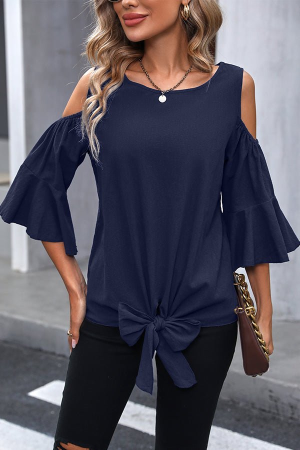 Fashion Knot Front Ruffle Sleeve Casual Tops - Image 4