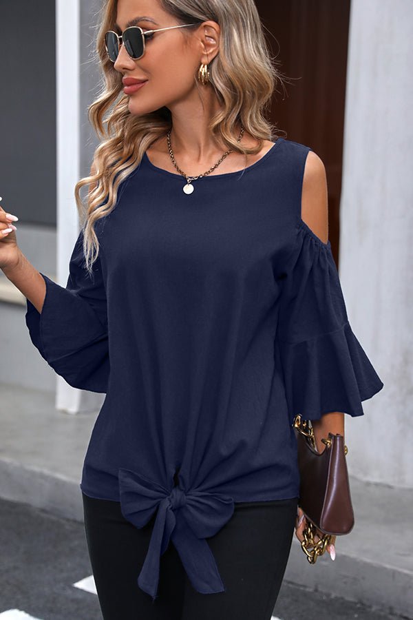 Fashion Knot Front Ruffle Sleeve Casual Tops - Image 3