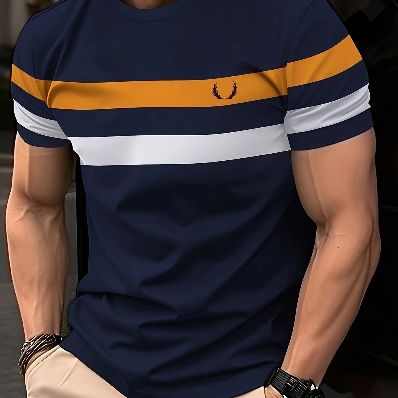 Men??s Stripe Pattern Crew Neck And Short Sleeve T-shirt, Casual And Chic Tops For Summer Outdoors Activities - Image 4