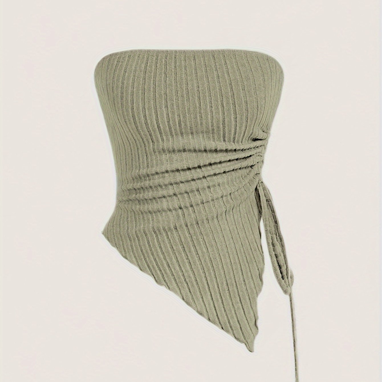 Solid Ribbed Asymmetric Hem Tube Top, Elegant Drawstring Ruched Side Strapless Sleeveless Top, Women??s Clothing - Image 3
