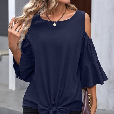 Fashion Knot Front Ruffle Sleeve Casual Tops