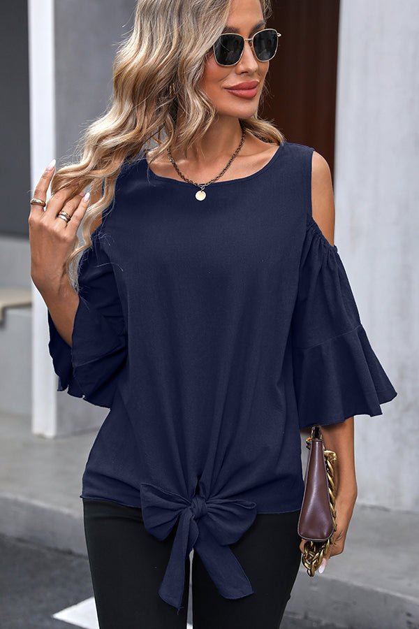 Fashion Knot Front Ruffle Sleeve Casual Tops