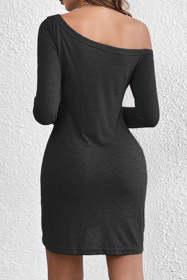 Long Sleeve Skew Neck Solid Casual Dress - Image 6