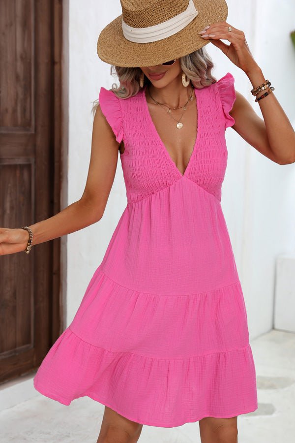 V Neck Solid Smocked Ruffle Hem Mini Dress - Image 3