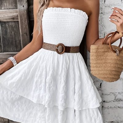Smocked Chest Bandeau Solid Casual Dress