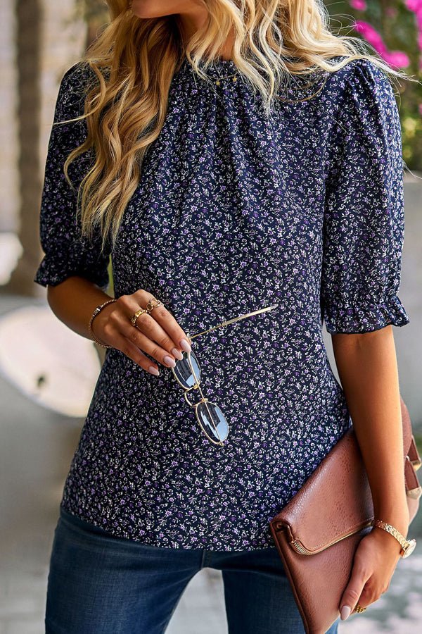 Floral Print Short Sleeve Ruffled Casual Tops - Image 2