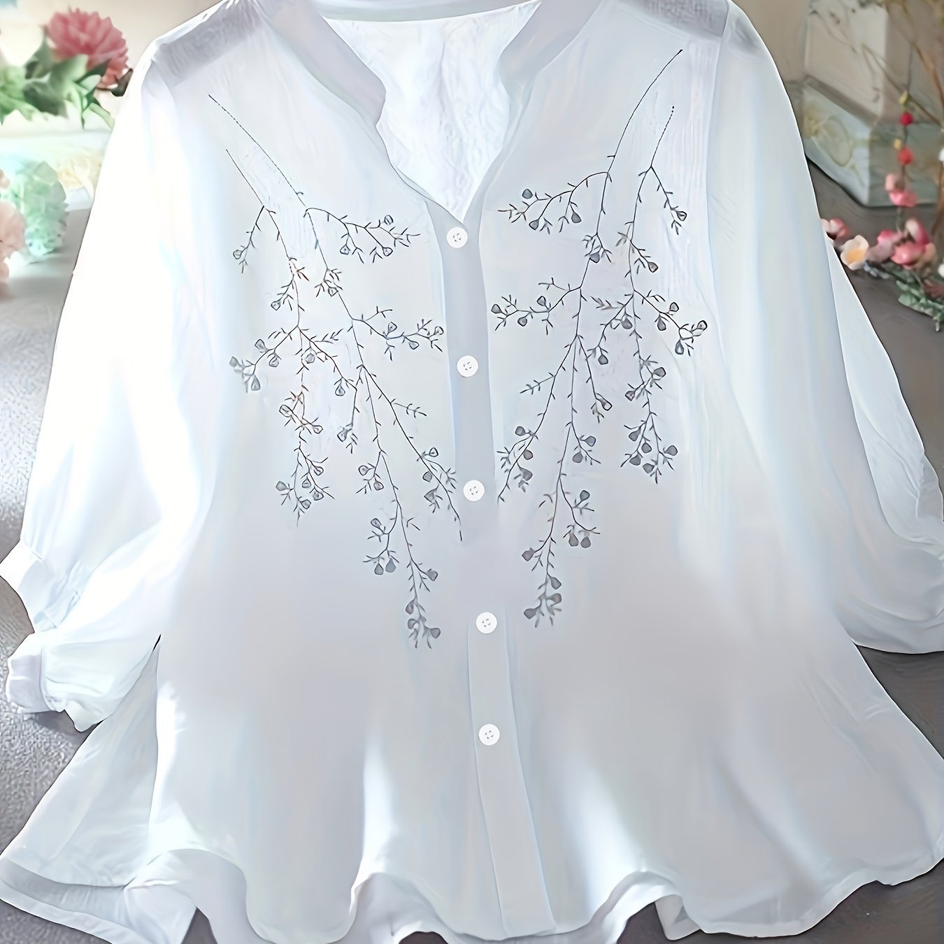 Floral Pattern Simple Blouse, Elegant Button Front Stand Collar Blouse, Women??s Clothing - Image 3