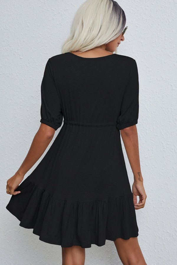 V Neck Drawstring Waist Solid Casual Mini Dress - Image 4