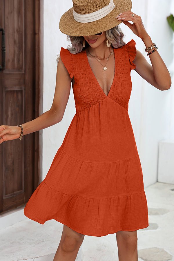 Solid Color Smocked Ruffle Hem Mini Dress - Image 3
