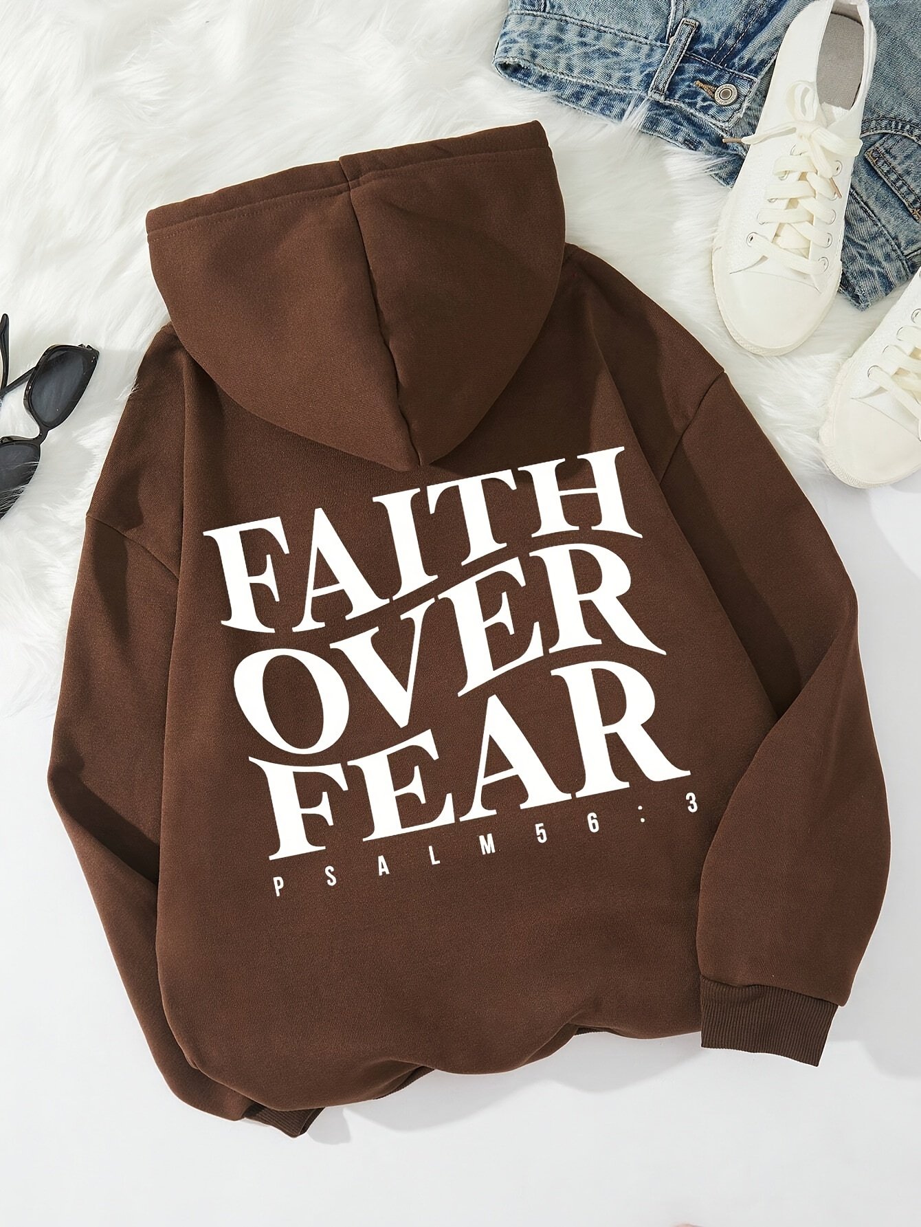 Inspirational Quote Hoodie, ??Faith Over Fear?? Letter Print Hooded Sweatshirt, Casual Pullover, Long Sleeve, Kangaroo Pocket, Adjustable Drawstring, Fashion