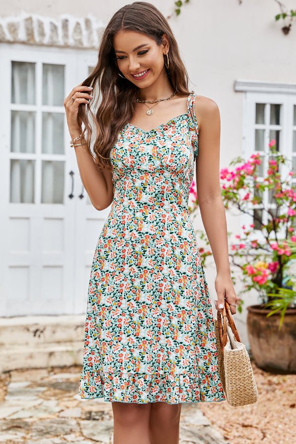 Cute Floral Print Ruffle Hem V Neck Mini Dress - Image 2