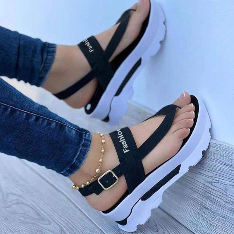 Women??s Platform Thong Sandals, Solid Color Letter Buckle Strap Slingback Shoes, Outdoor Summer Sandals - Image 6