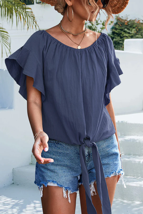 Knot Front Ruffle Sleeve Casual Tops - Image 5