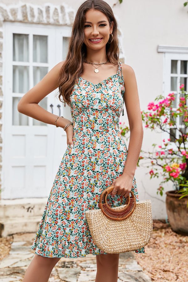 Cute Floral Print Ruffle Hem V Neck Mini Dress - Image 4