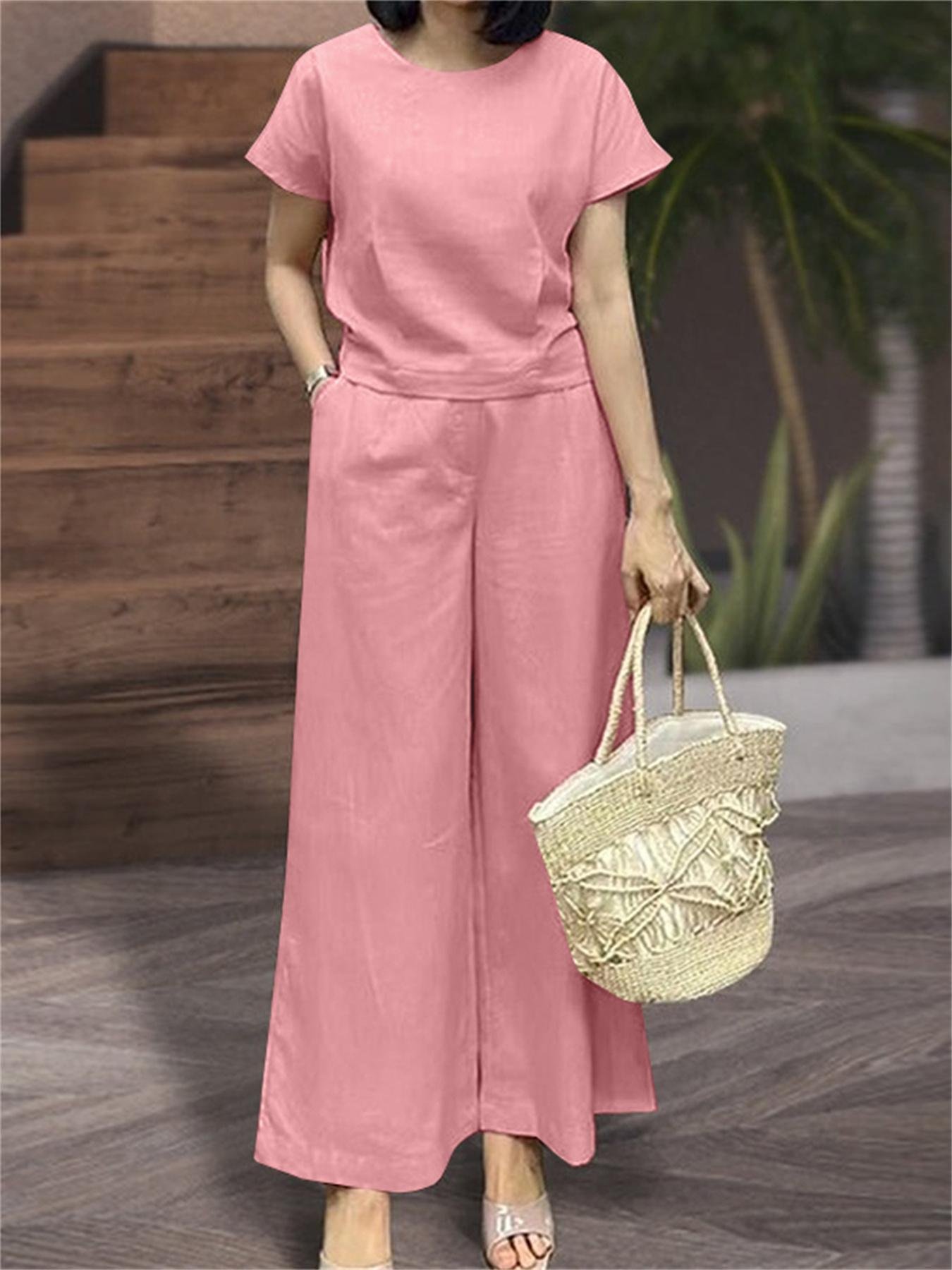 Loose Solid Color Two-piece, Crew Neck Short Sleeve T-shirt & Dual Pocket Pants Outfits, Women??s Clothing