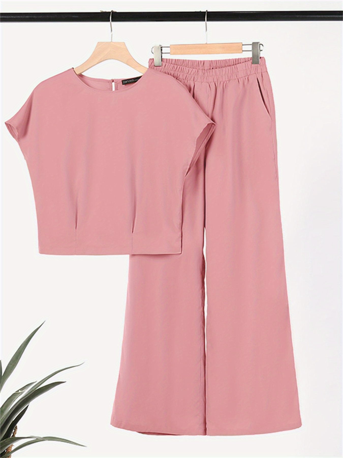 Loose Solid Color Two-piece, Crew Neck Short Sleeve T-shirt & Dual Pocket Pants Outfits, Women??s Clothing - Image 6