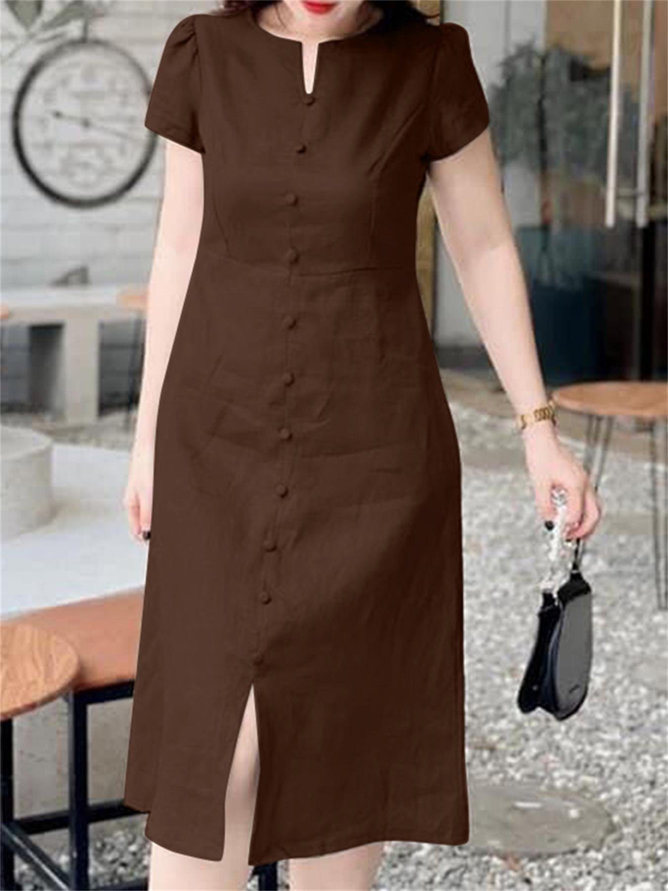 Solid Color Notched Neck Dress, Casual Short Sleeve Button Front Split Dress For Spring & Summer, Women??s Clothing
