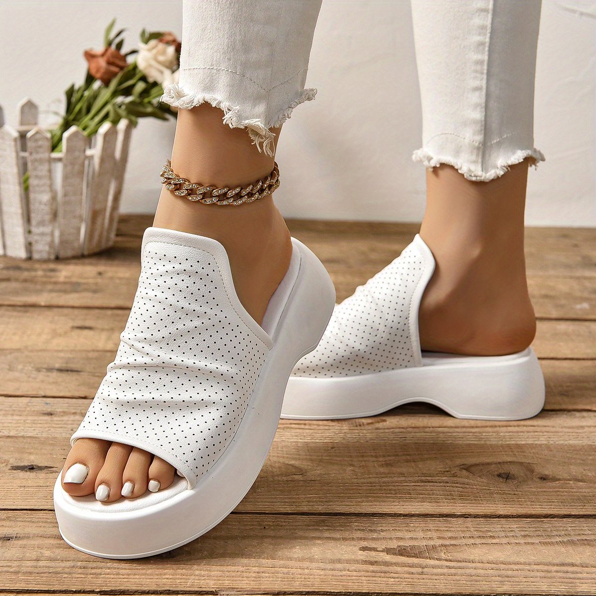 Women??s Platform Slide Sandals, Comfortable White Platform Perforated Design, Summer Breathable Wedge Footwear - Image 6