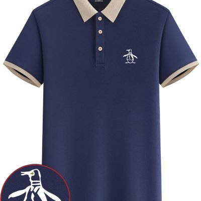 Penguin Sketch Print Men??s Short Sleeve Lapel Golf T-shirt, Summer Trendy Tennis Tees, Casual Comfy Breathable Top For Outdoor Sports