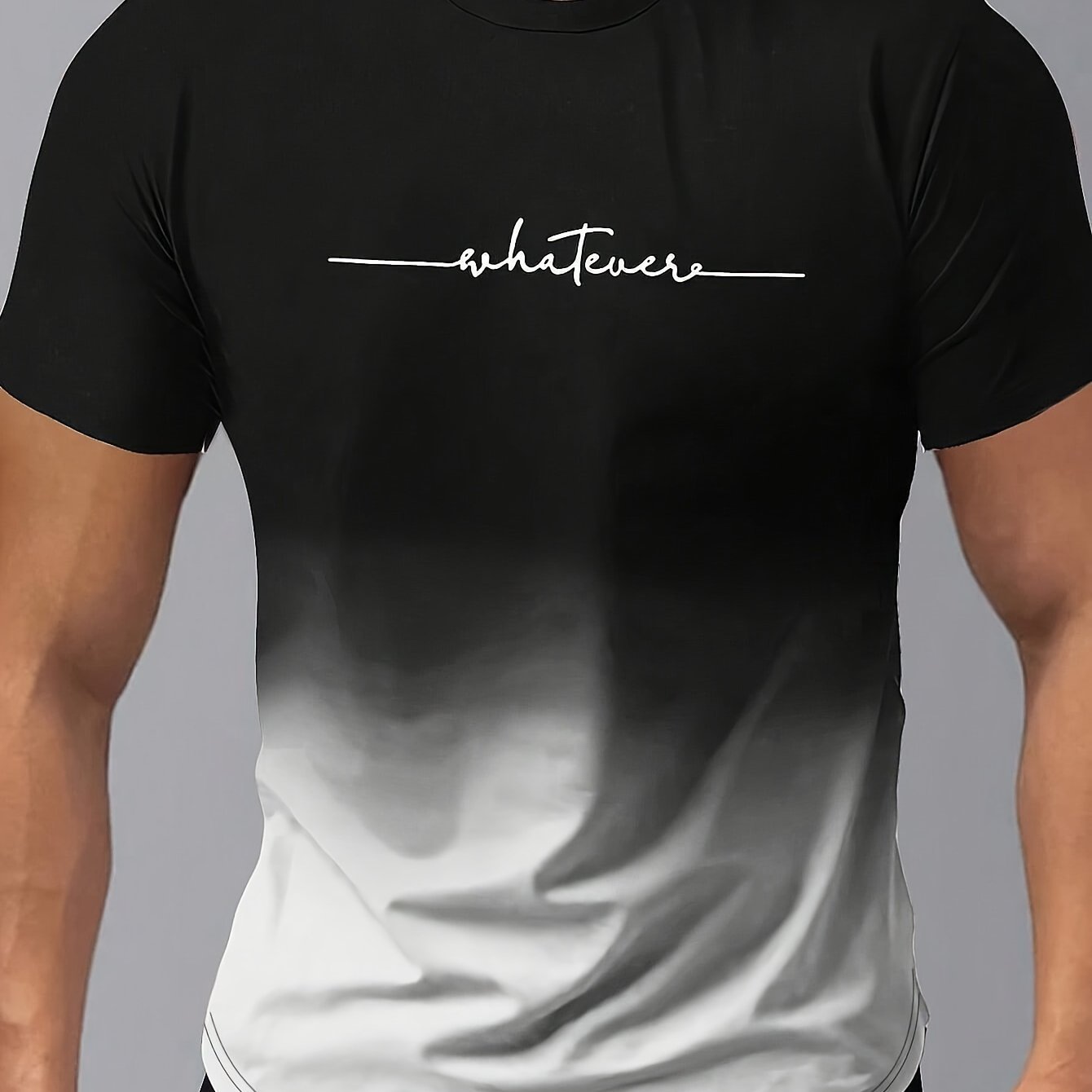 Men??s Gradient Color And Alphabet Print ??WHATEVER?? Crew Neck And Short Sleeve T-shirt, Casual And Chic Tops For Summer Outdoors Wear - Image 2
