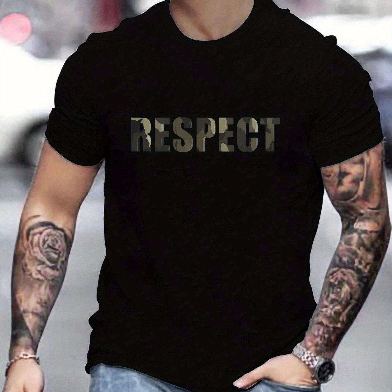 Letter RESPECT Pattern Print Men??s T-shirt, Graphic Tee Men??s Summer Clothes, Men??s Outfits - Image 7
