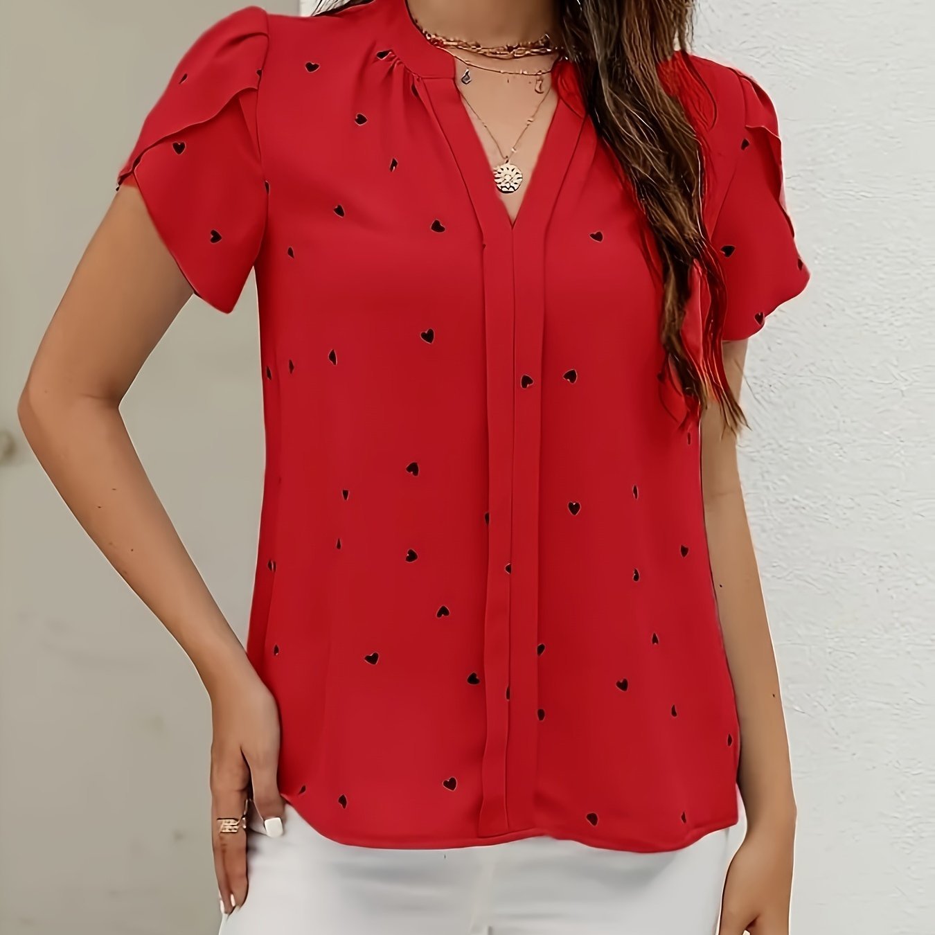 Heart Print V Neck Blouse, Casual Petal Sleeve Blouse For Spring & Summer, Women??s Clothing - Image 2