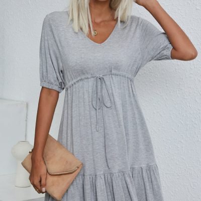 V Neck Drawstring Waist Solid Casual Mini Dress