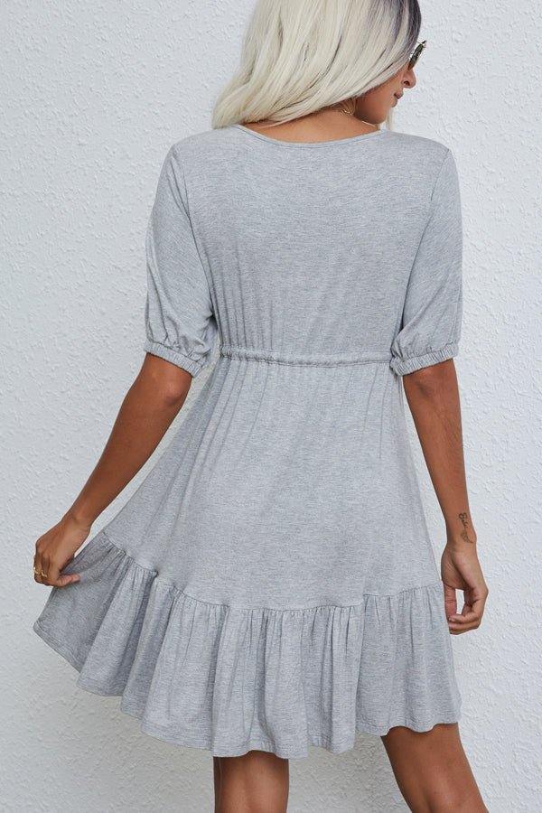 V Neck Drawstring Waist Solid Casual Mini Dress - Image 4
