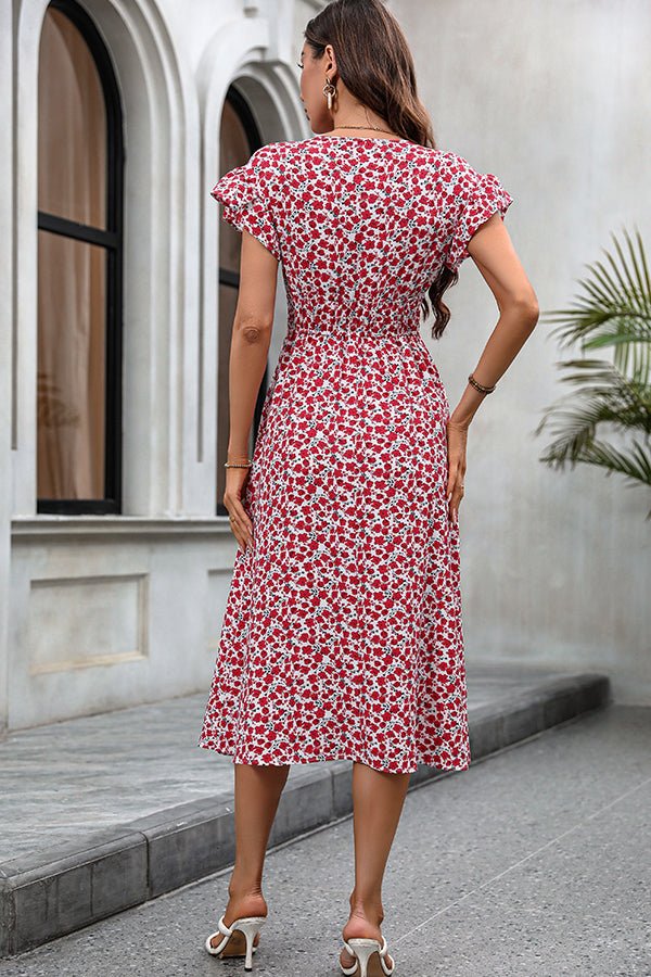 Floral Print V Neck Frill Casual Dress - Image 6