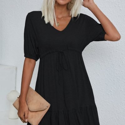 V Neck Drawstring Waist Solid Casual Mini Dress