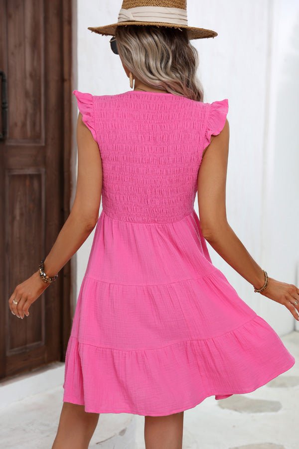 V Neck Solid Smocked Ruffle Hem Mini Dress - Image 4