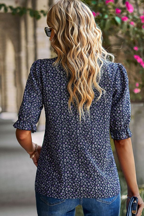 Floral Print Short Sleeve Ruffled Casual Tops - Image 4