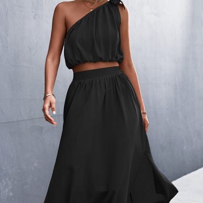 Solid Color Tie Shoulder Slid Two Pieces Dress